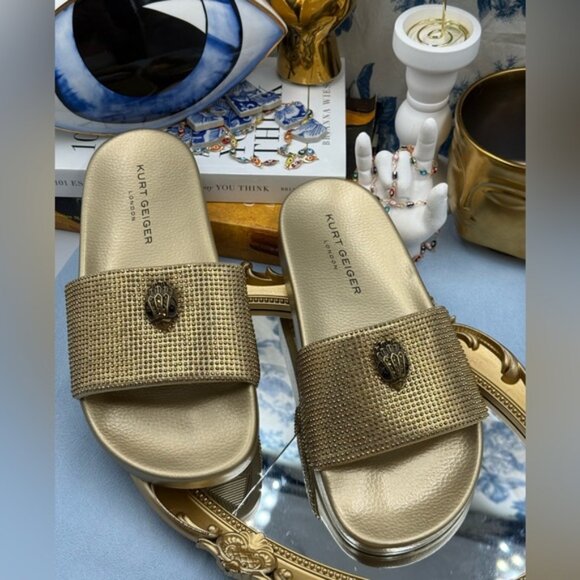 🆕 KURT GEIGER LONDON 🧿 NWOB Meena Eagle Gold Crystal Studded Slide, Sz US 8 - Picture 5 of 13